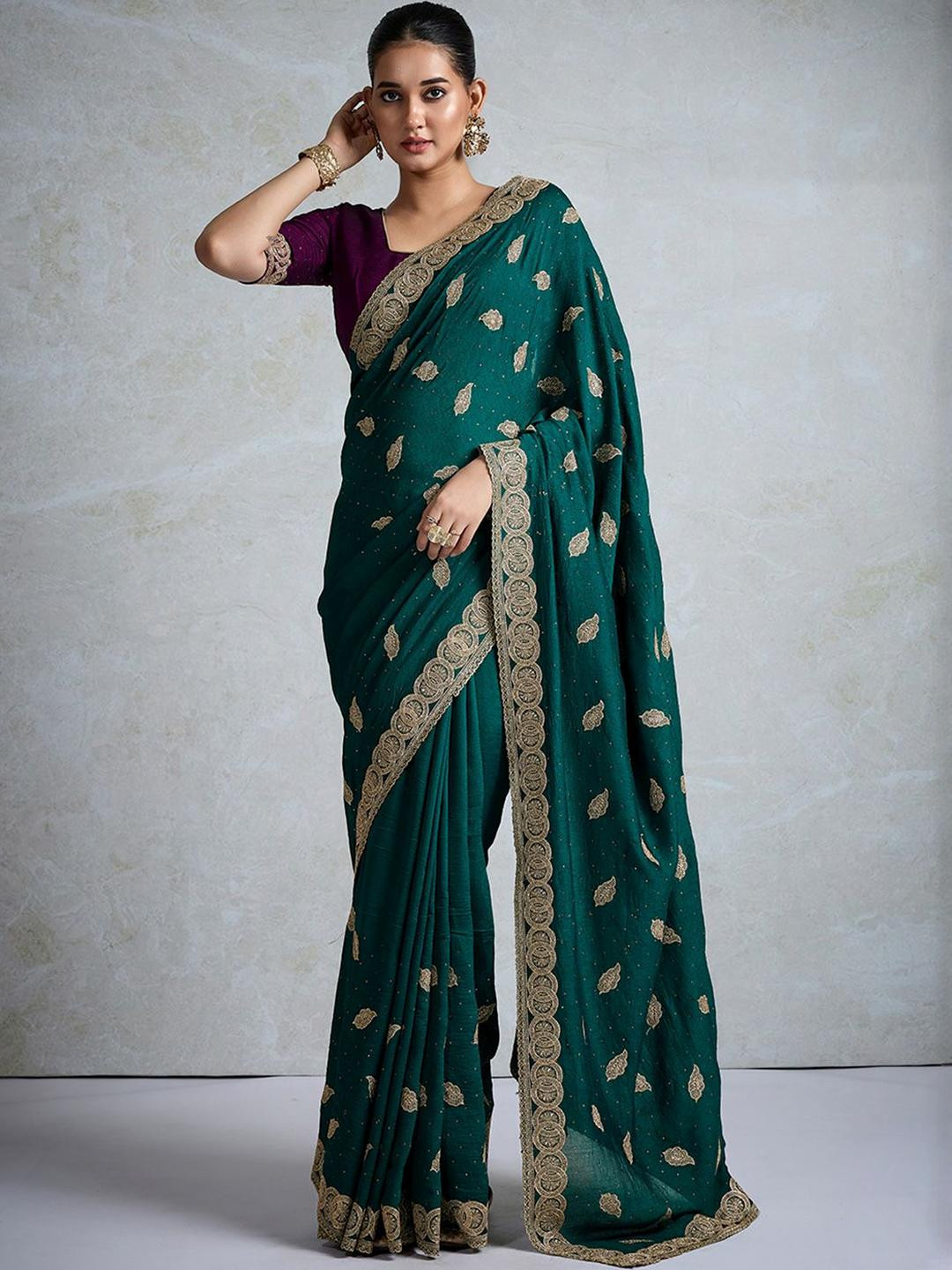 Anouk Green Silk Blend  Sarees