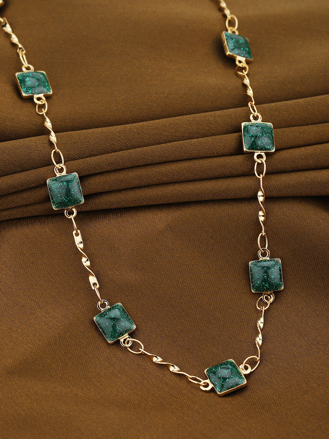DressBerry Gold Plated Small Square Teal Stones Necklace