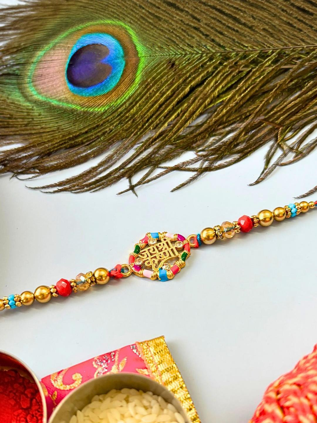 Golden Stone Studded & Beaded Thread Rakhi Traditional Handmade Rakhi for Brother