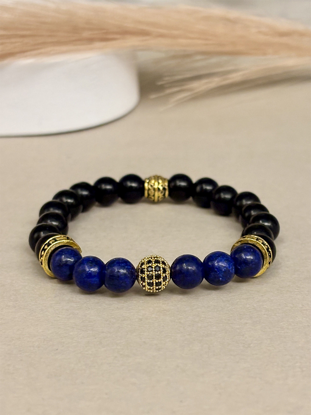 SANAA CREATIONS Imperial Tide Unisex Onyx & Lapis Beaded Elasticated Bracelet