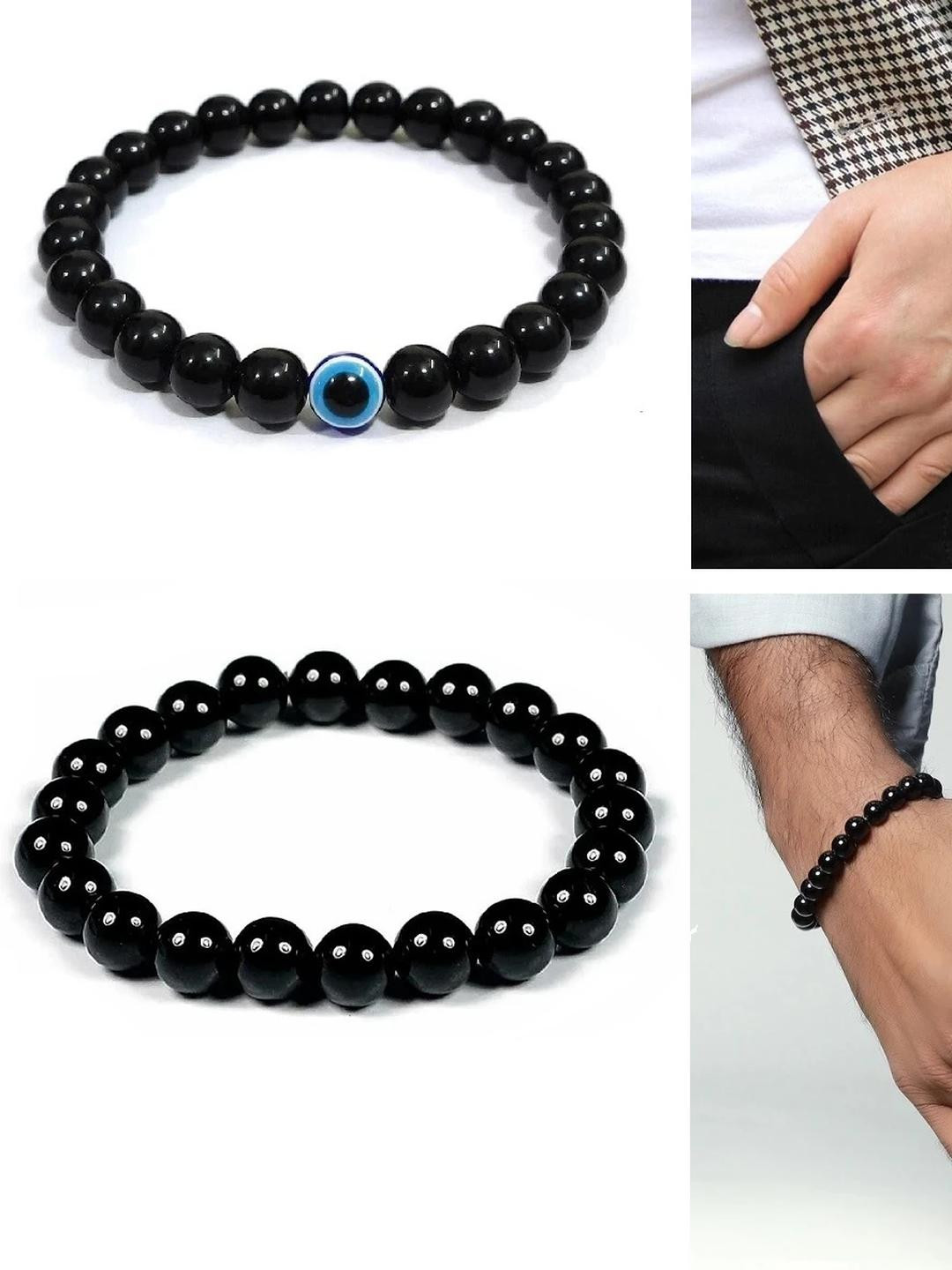 Rodya Pack of 2 Plain Black And Evil Eye Bead Bracelets