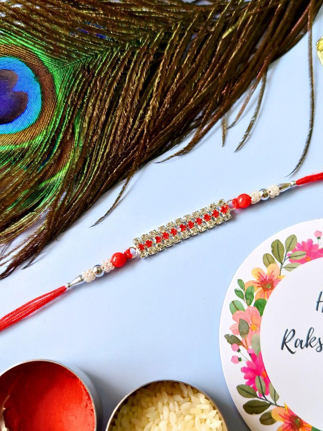 Red Stone Studded & Beaded Thread Rakhi Traditional Handmade Rakhi for Brother