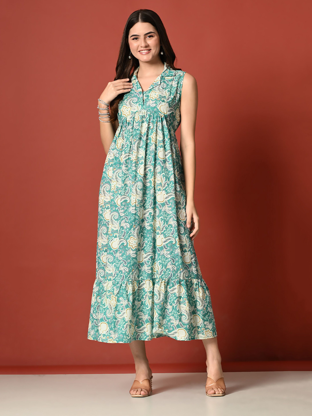Saanvi Collection Floral Printed Cotton Shirt Collar Anarkali Kurta