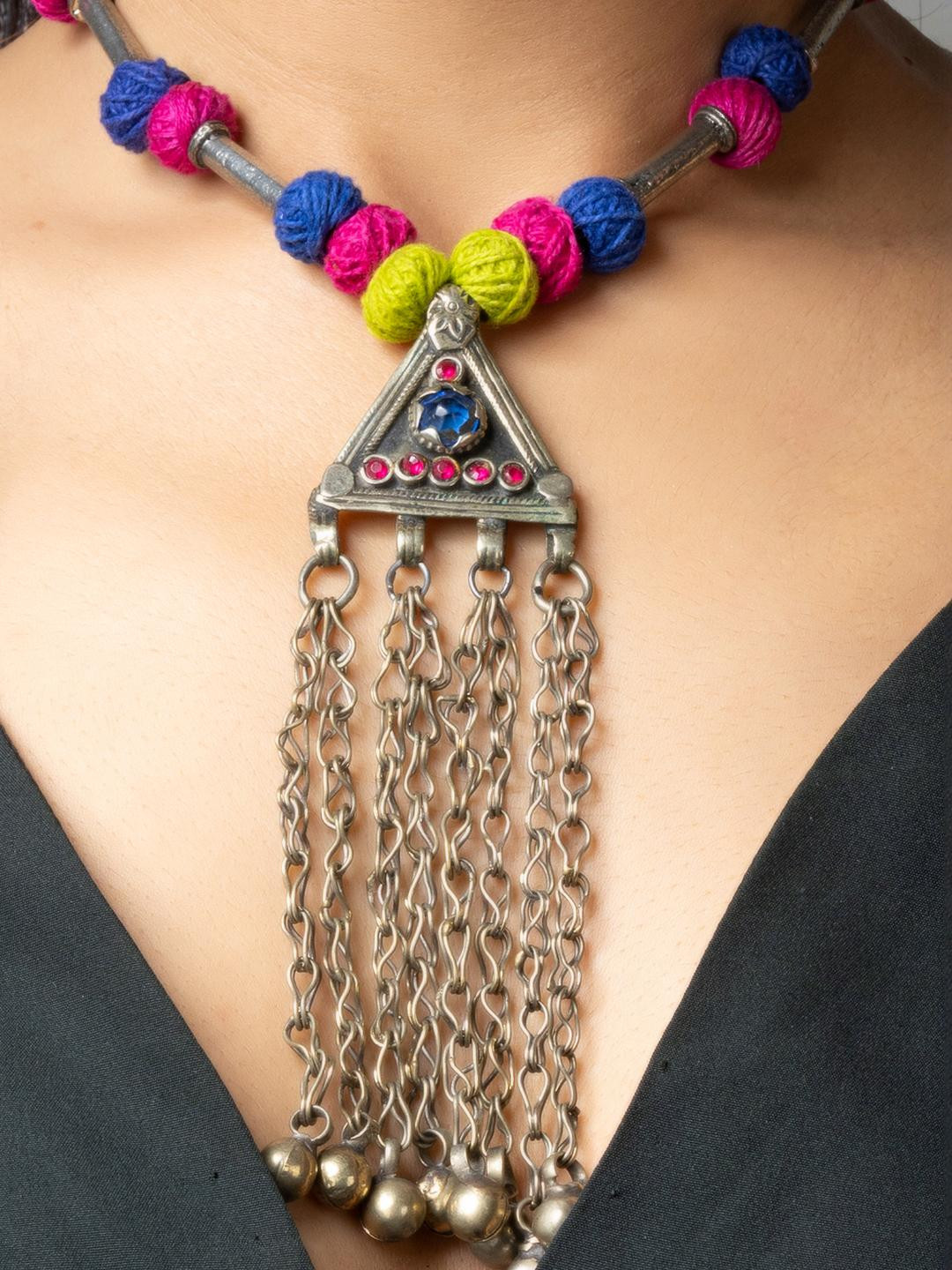 Look and Adorn Pink Blue Afghani Necklace with Long Chain Balls