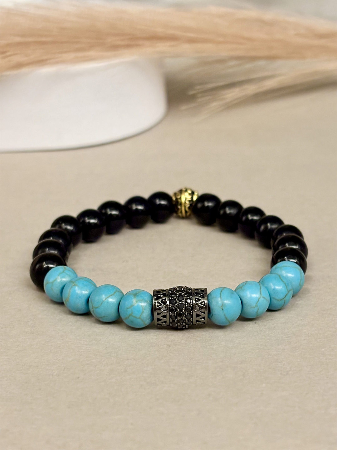 SANAA CREATIONS Eclipse Unisex Onyx & Turquoise Beaded Elasticated Bracelet