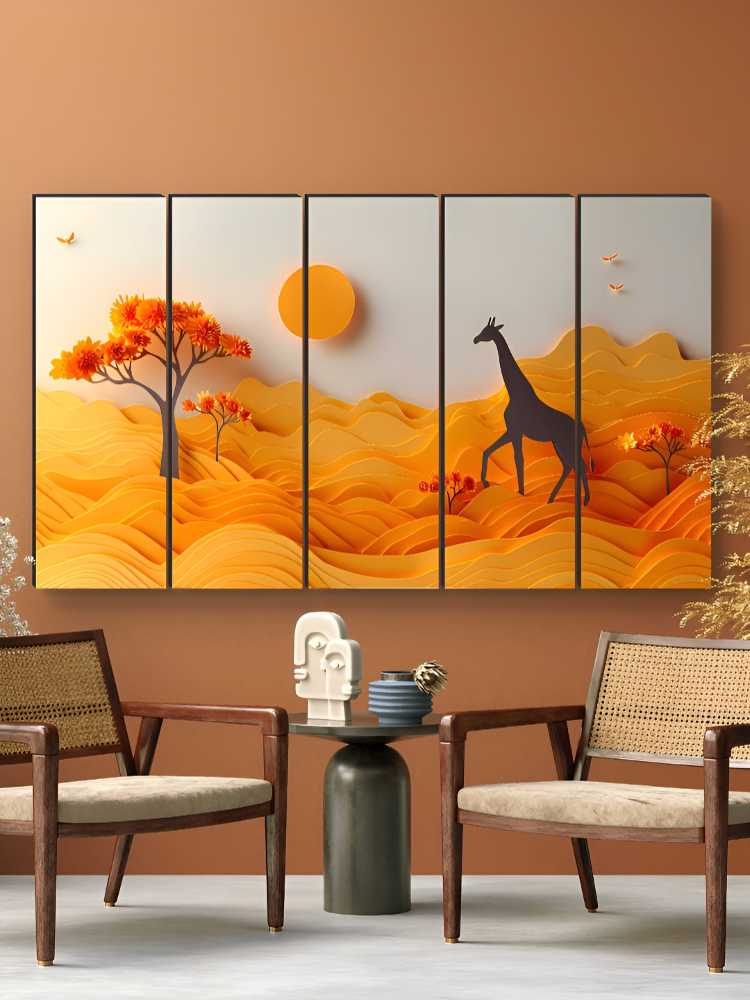 Myntra Elegant Homes Yellow & White 5 Pieces Giraffe in Sunset MDF Wooden Wall Art