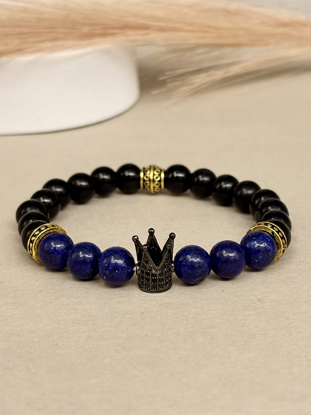 SANAA CREATIONS Unisex Crimson Crown Onyx & Ruby Stones Studded Elasticated Bracelet