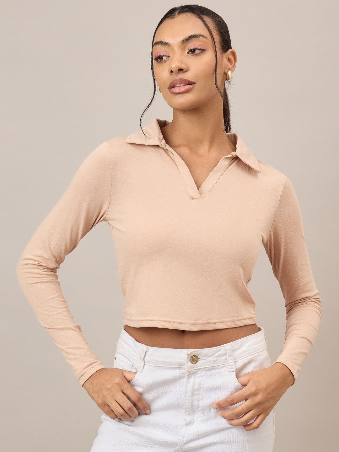 R.Code by The Roadster Life Co. Women Solid Polo Collar Crop Cotton T-shirt