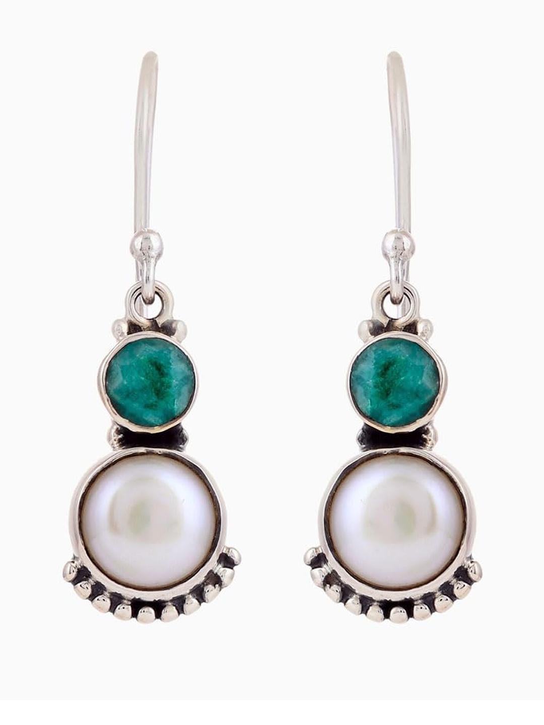 Silver Planets 925 Sterling Silver Fresh Water Pearl Green Semi Precious Stone Earrings for Women and Girls