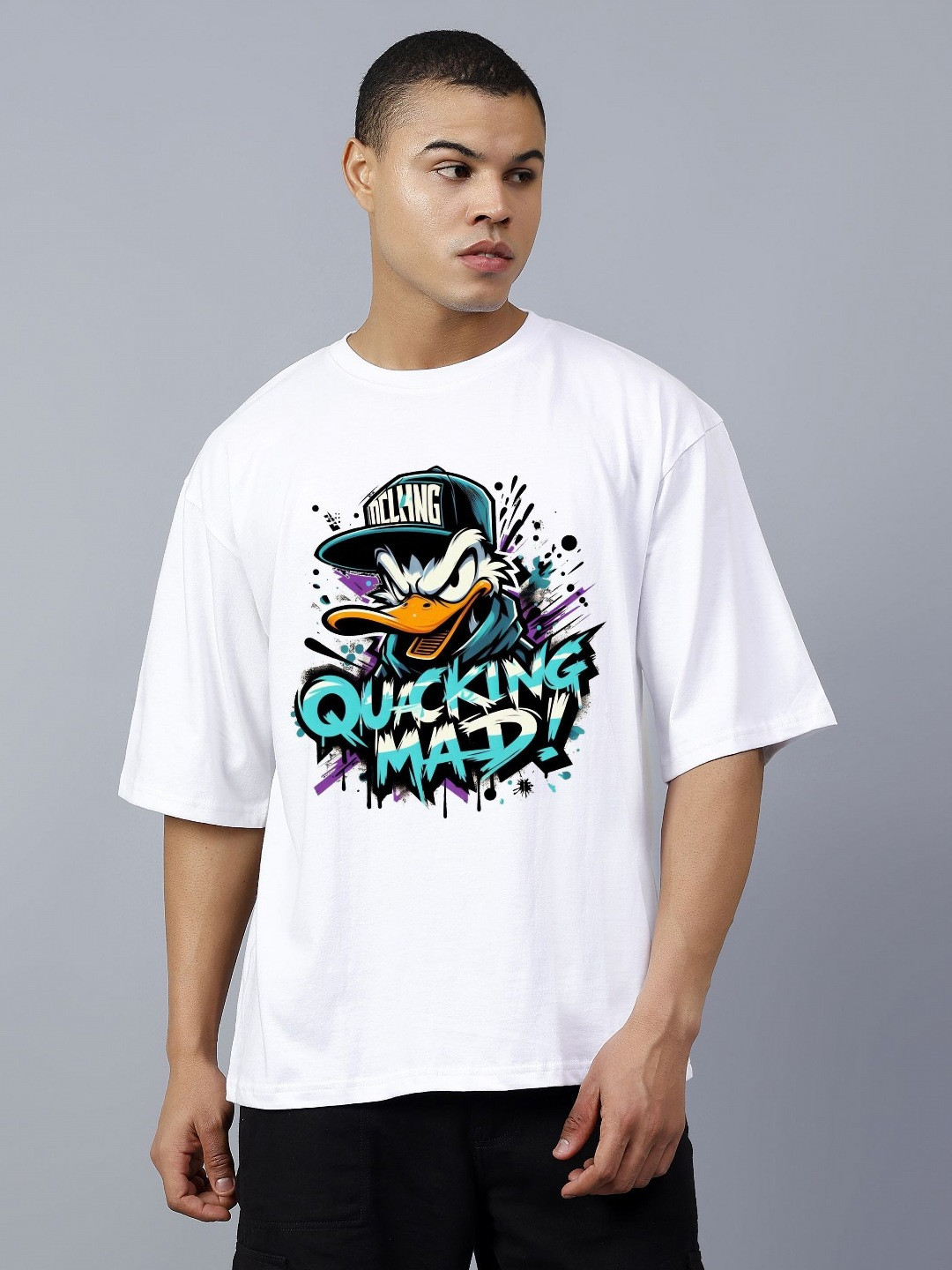 CODE OF HONOUR Quacking Mad Printed Drop-Shoulder Sleeves Cotton Oversized T-shirt