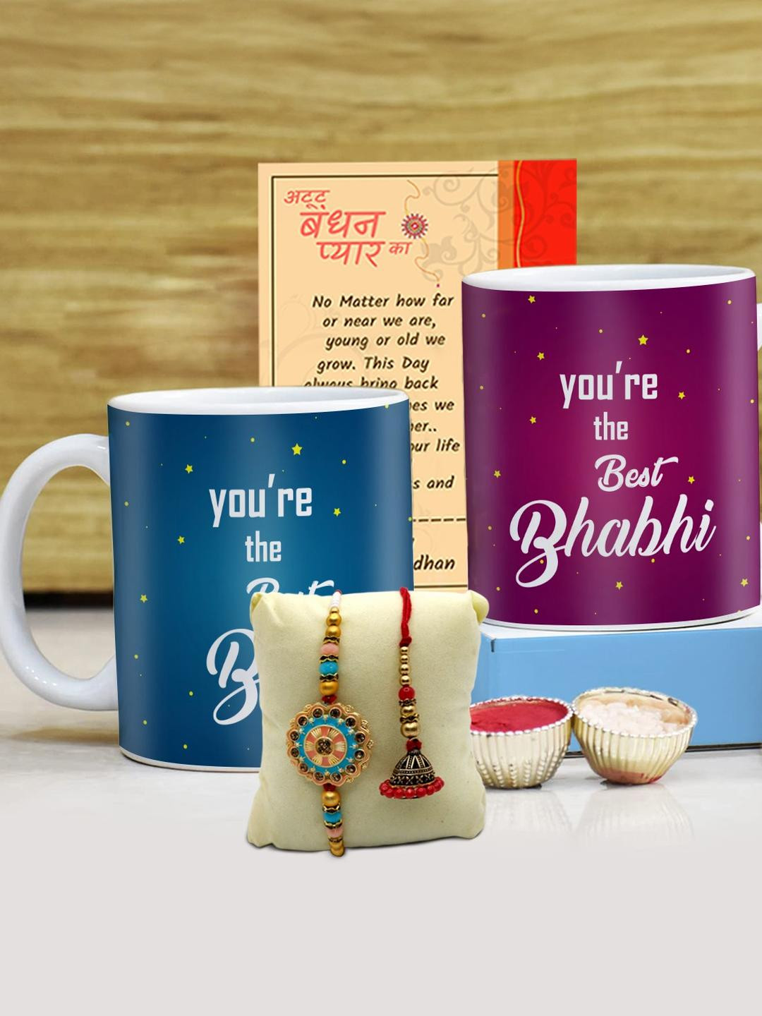 SKYTRENDS Set of 4 Printed Ceramic Matte Rakhi with Cups