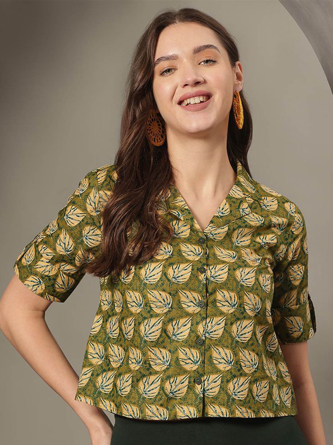 HERE&NOW Women Leaves Printed Cotton Shirt Style Crop Top