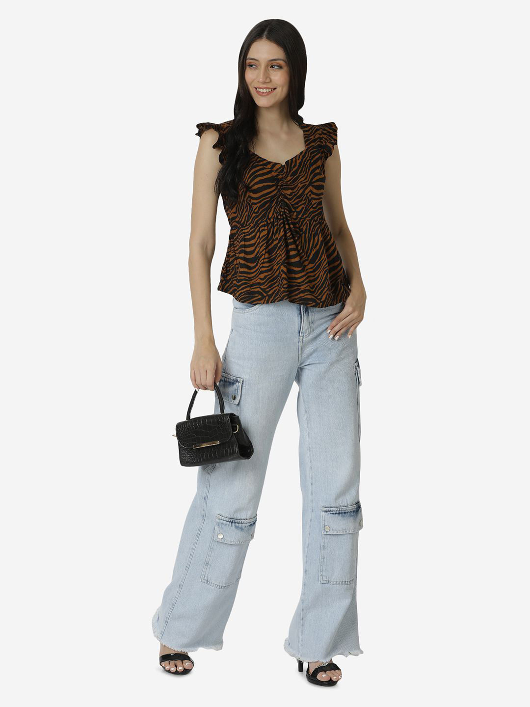 D 'VESH Women Animal Printed V-Neck Flutter Sleeves Lace-Up Cotton Peplum Top With Dori