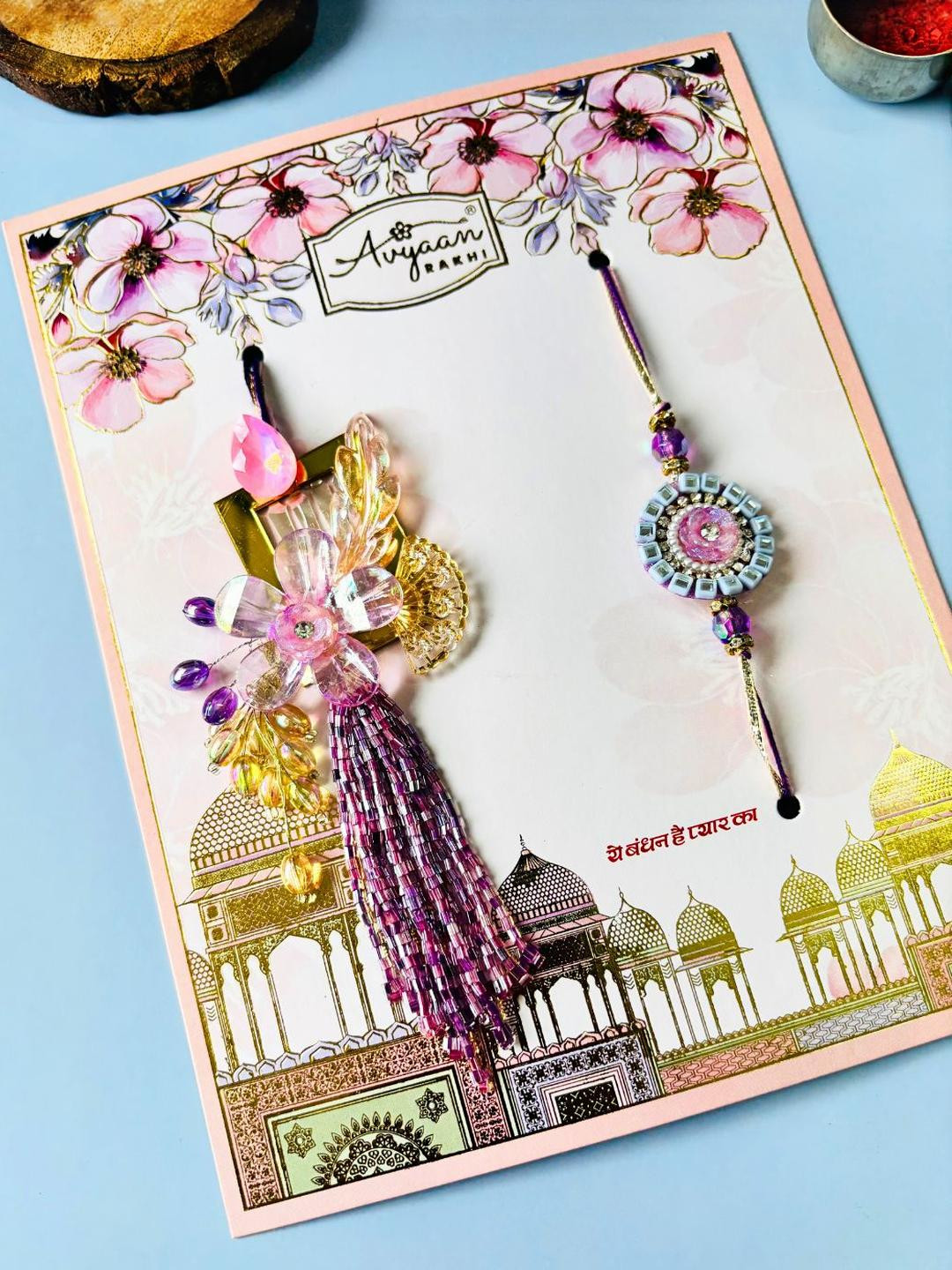 Purple Floral Resin Lumba Rakhi Set for Bhaiya Bhabhi Traditional Handmade Set of 2 Rakhi and Lumba