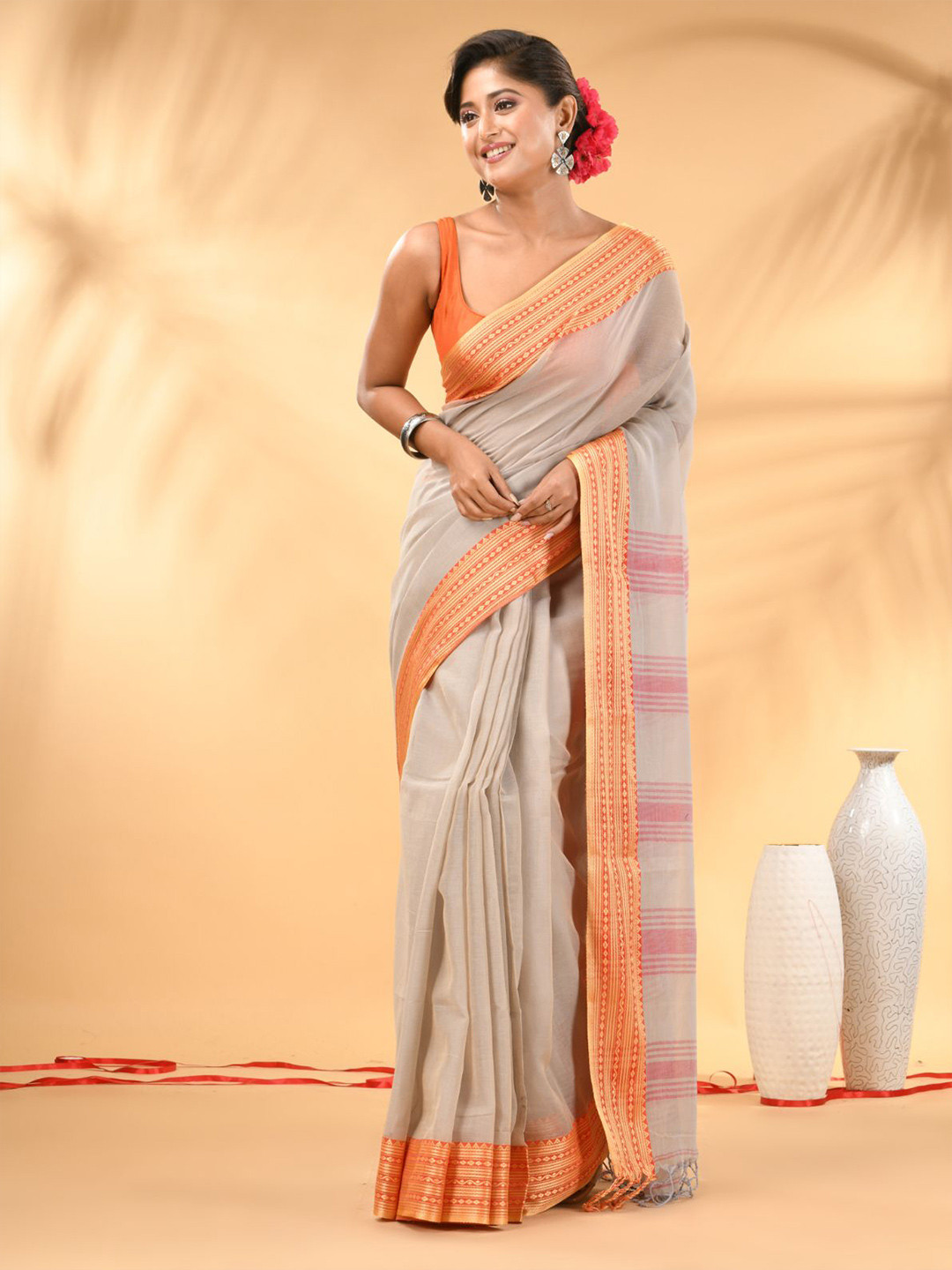 Charukriti Pure Cotton Zari Border Saree With Blouse Piece