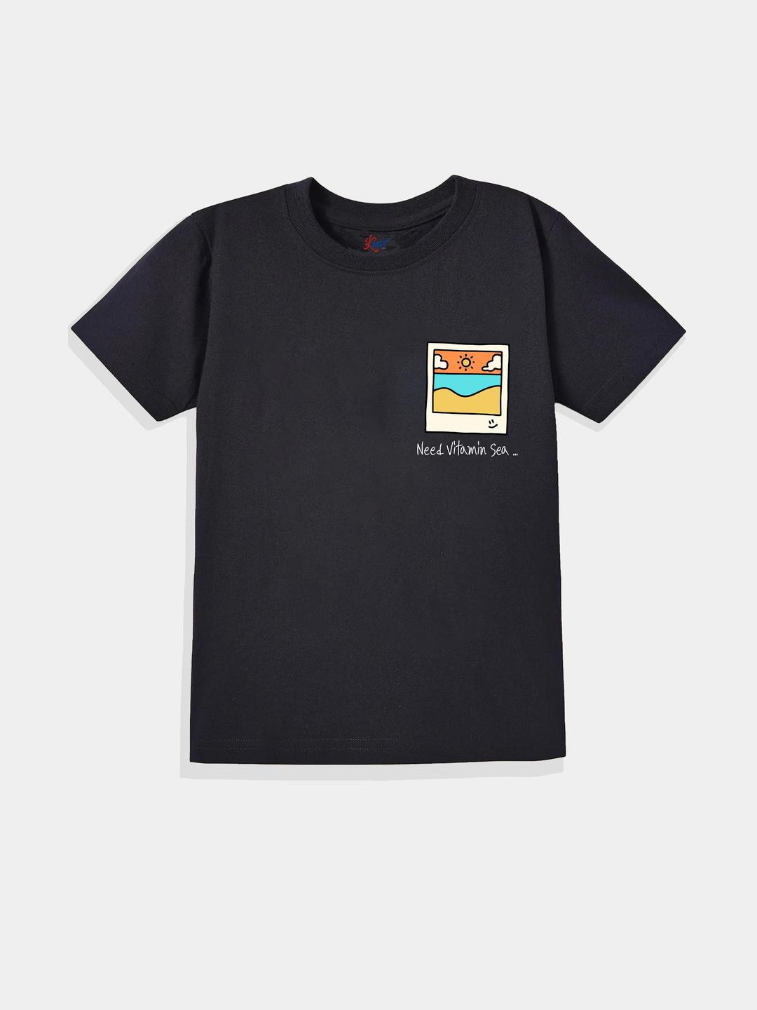 KAVEE Pure Cotton Half Sleeves Need Vitamin Sea Text Printed Bio Washed Tee - Black