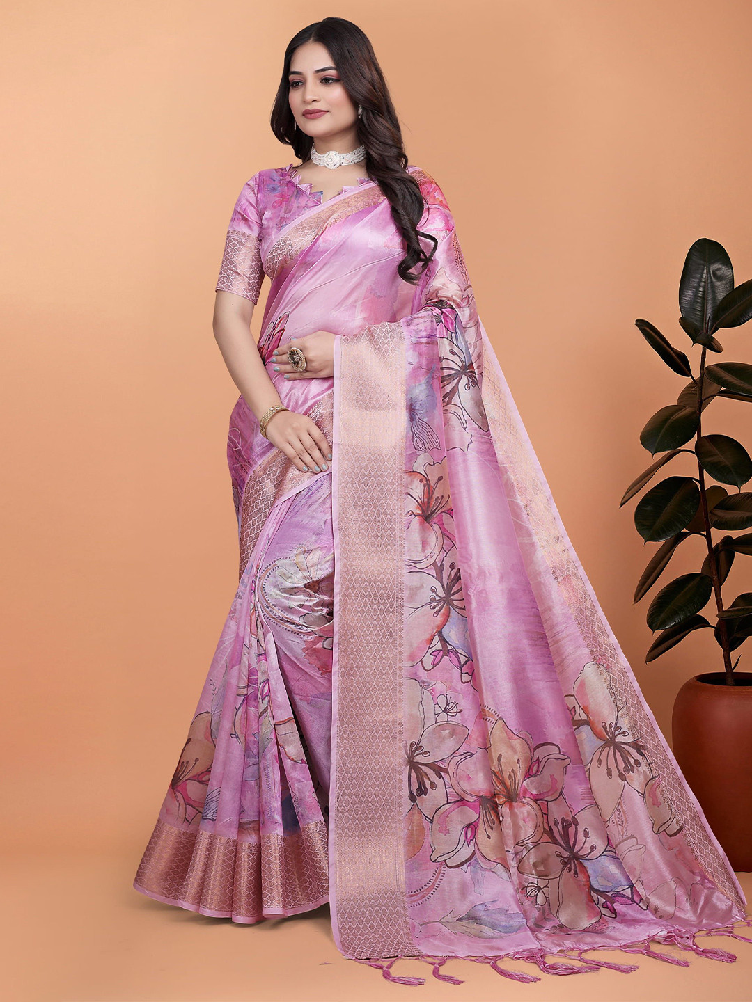 HERE&NOW Floral Print Banarasi Saree with Zari Border