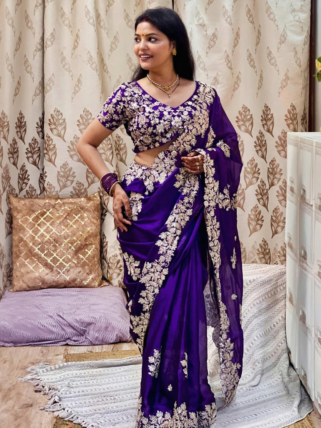 Peachmode Violet Silk Blend  Sarees