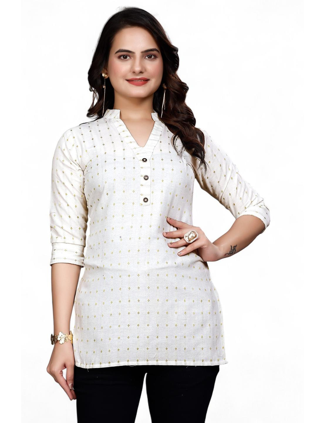 Fabtown Women Off White And Green Arrow Mandarin Collar V-neck Cotton Blend Straight Kurti