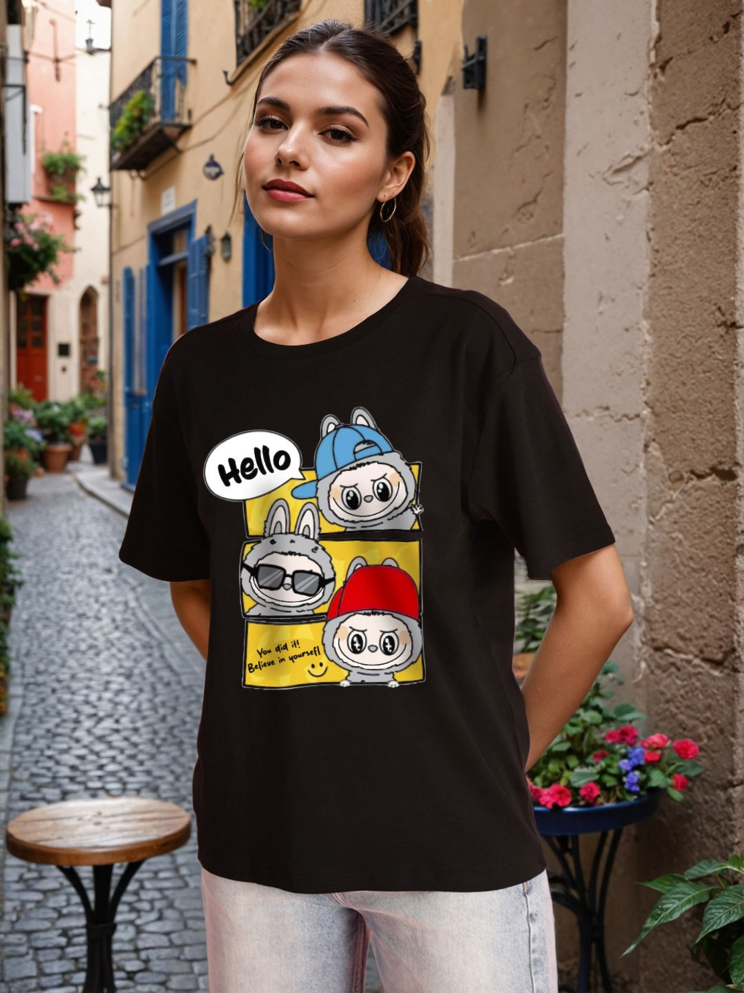 Bene Kleed Women Labubu Print Cotton Oversized T-shirt