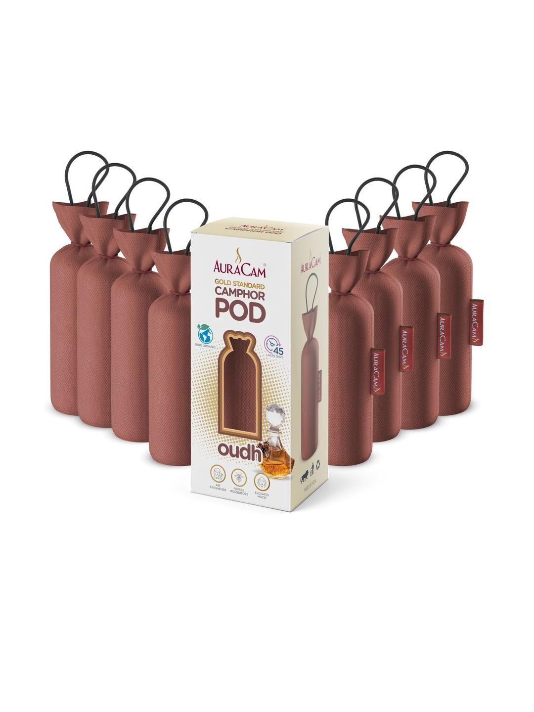 AuraCam Set of 8 Brown Gold Standard Camphor Oudh Pod Air Fresheners