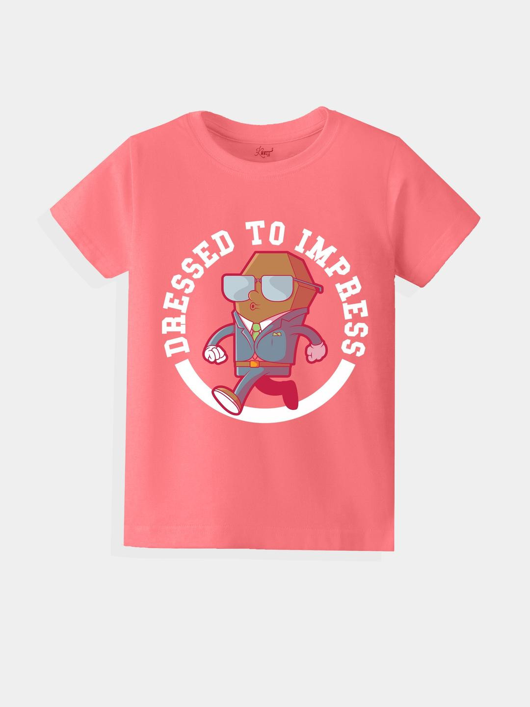 KAVEE Pure Cotton Half Sleeves Dresses To Impress Text Printed Bio Washed Tee -Peach