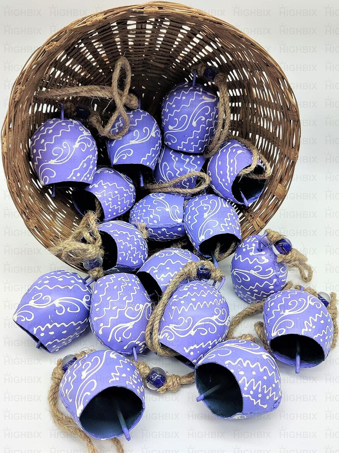 Hanging Bells Set of 10 with Jute Bag Hand Painted Purple, 7cm