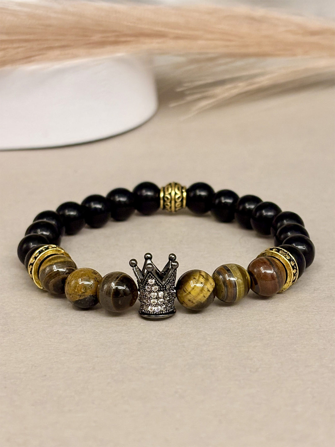 SANAA CREATIONS Unisex Crimson Crown Wood & Onyx Stones Studded Elasticated Bracelet