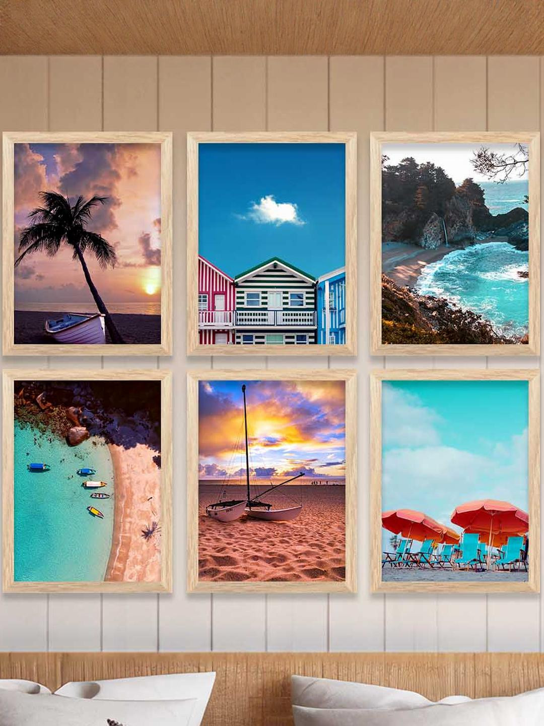 WALLLANE Set of 6 Brown Piece Wood Abstract Wall Paintings