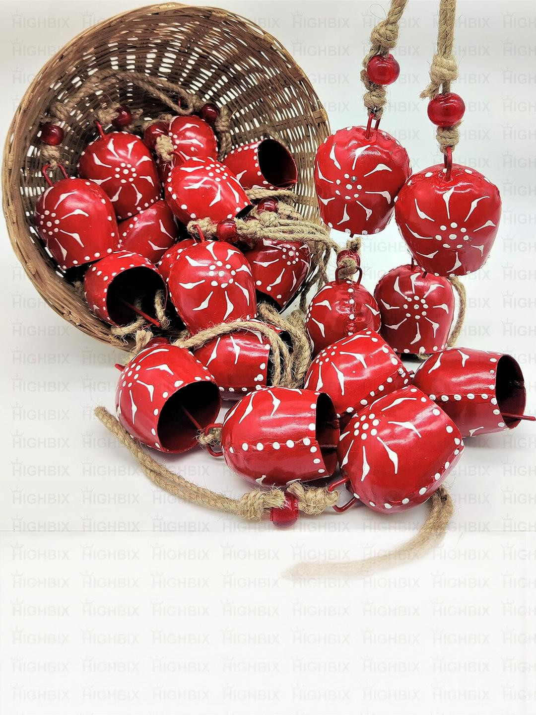 Hand Painted Festive Dcor Hanging Bells Red Set of 10