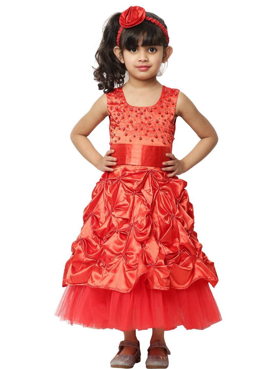 Shahina Fashion Girls Red 1-2 Year Satin Short Dress