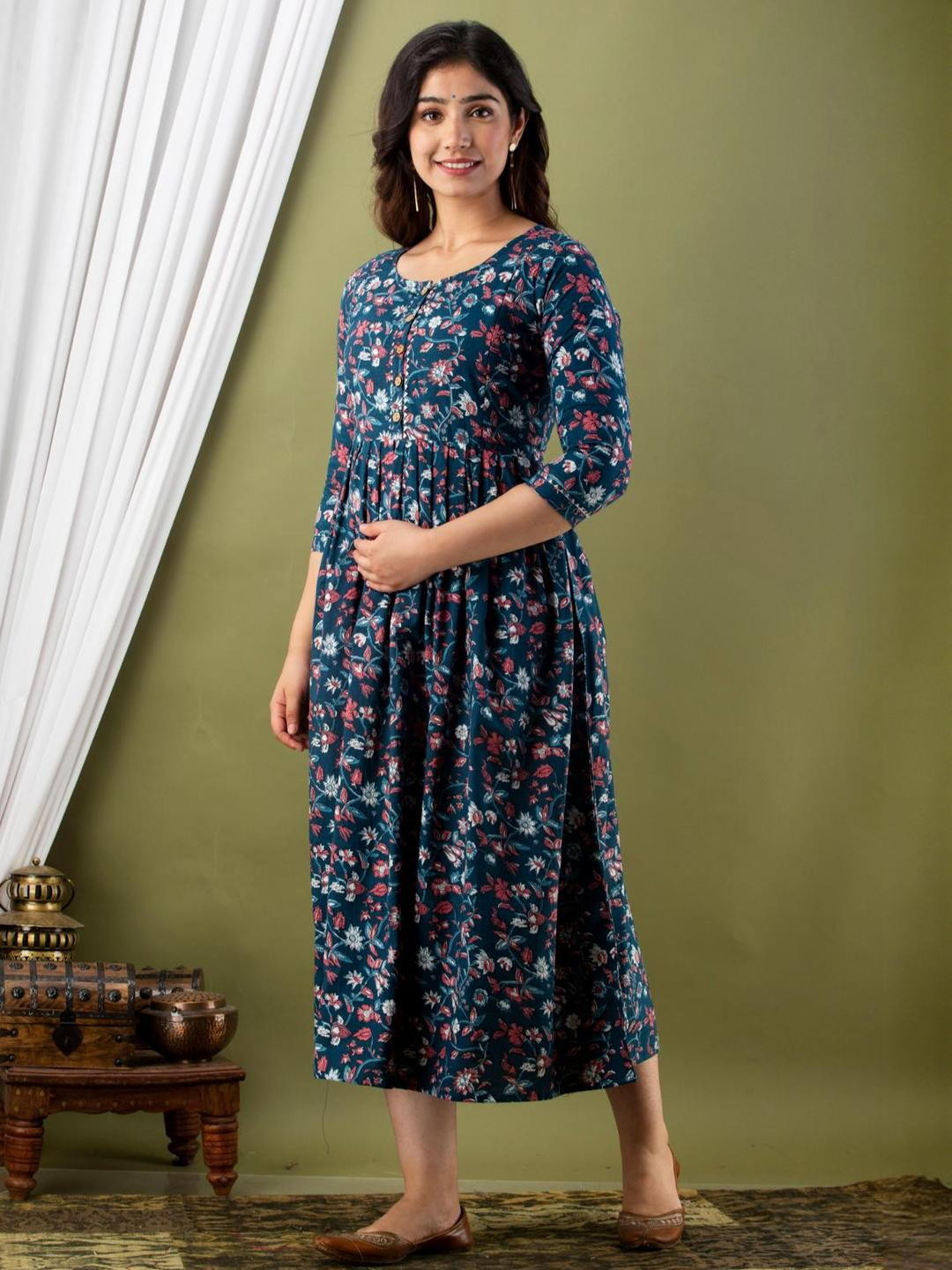 FASHION CLOUD Women Blue Color Floral Printed Pure Cotton Maternity A-Line Kurti