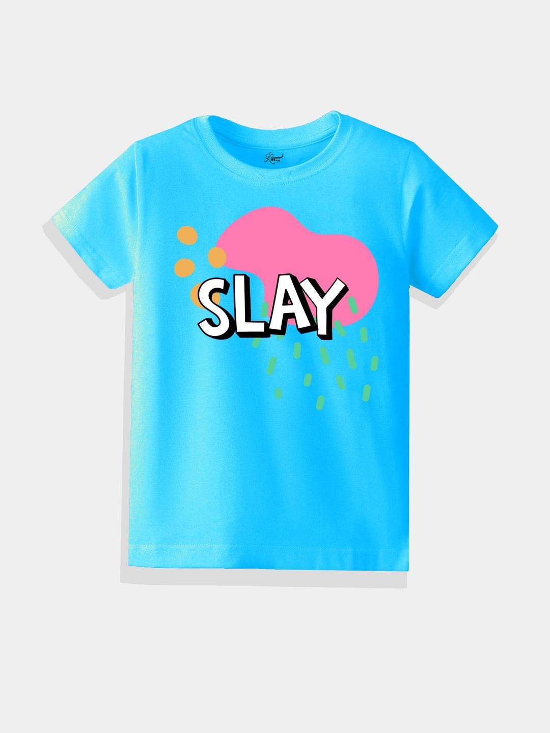 KAVEE Pure Cotton Half Sleeves Slay Text Printed Bio Washed Tee - Sky Blue