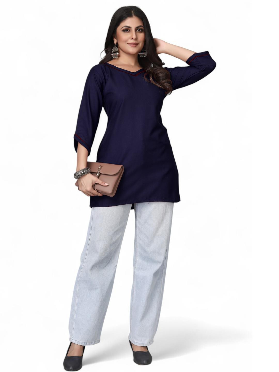 Fabtown Khadi Blue Short Kurti with V Neck & Solid pattern