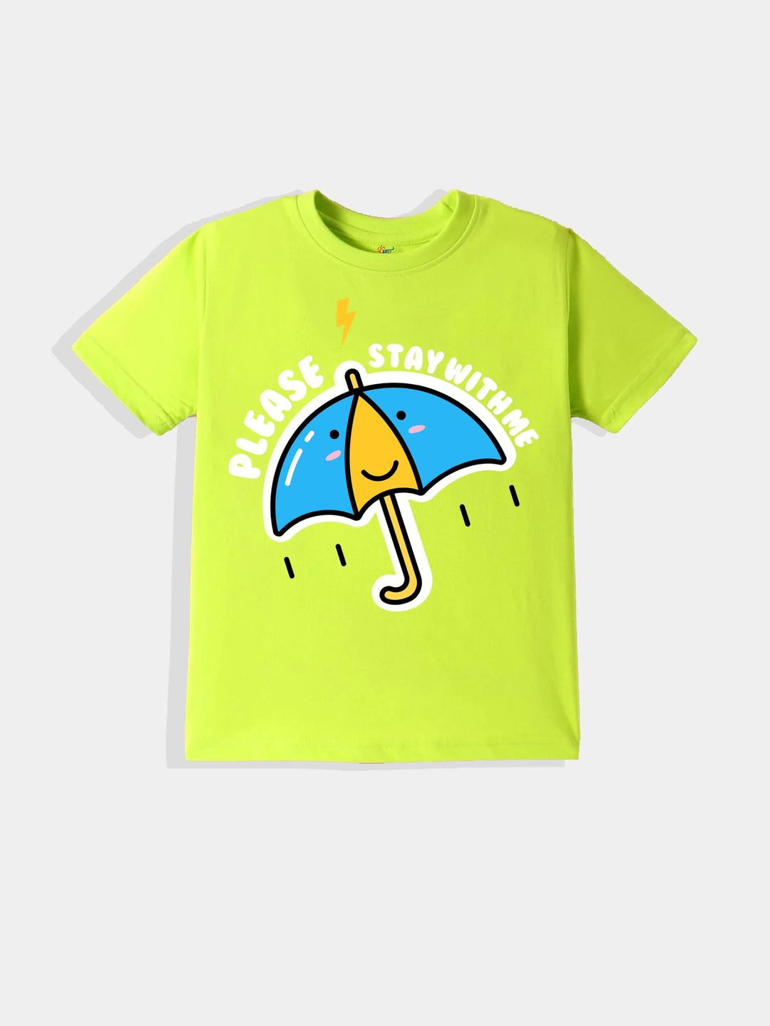KAVEE Pure Cotton Half Sleeves Text & Umbrella Printed Bio Washed Tee - Neon Green