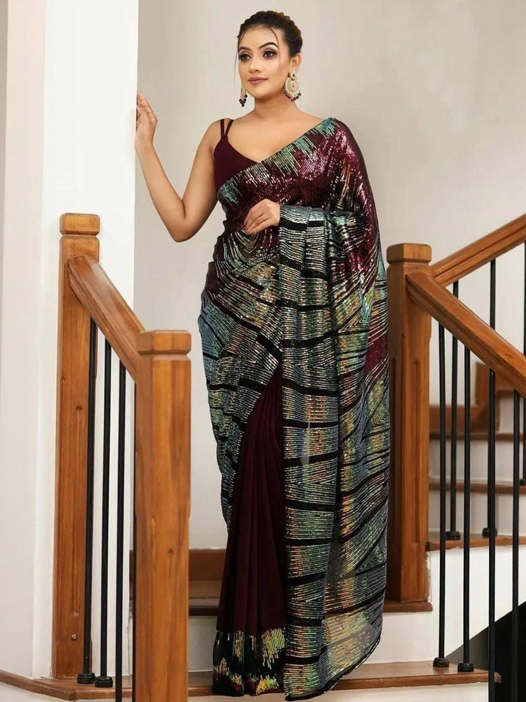 Peachmode Purple Pure Georgette  Sarees