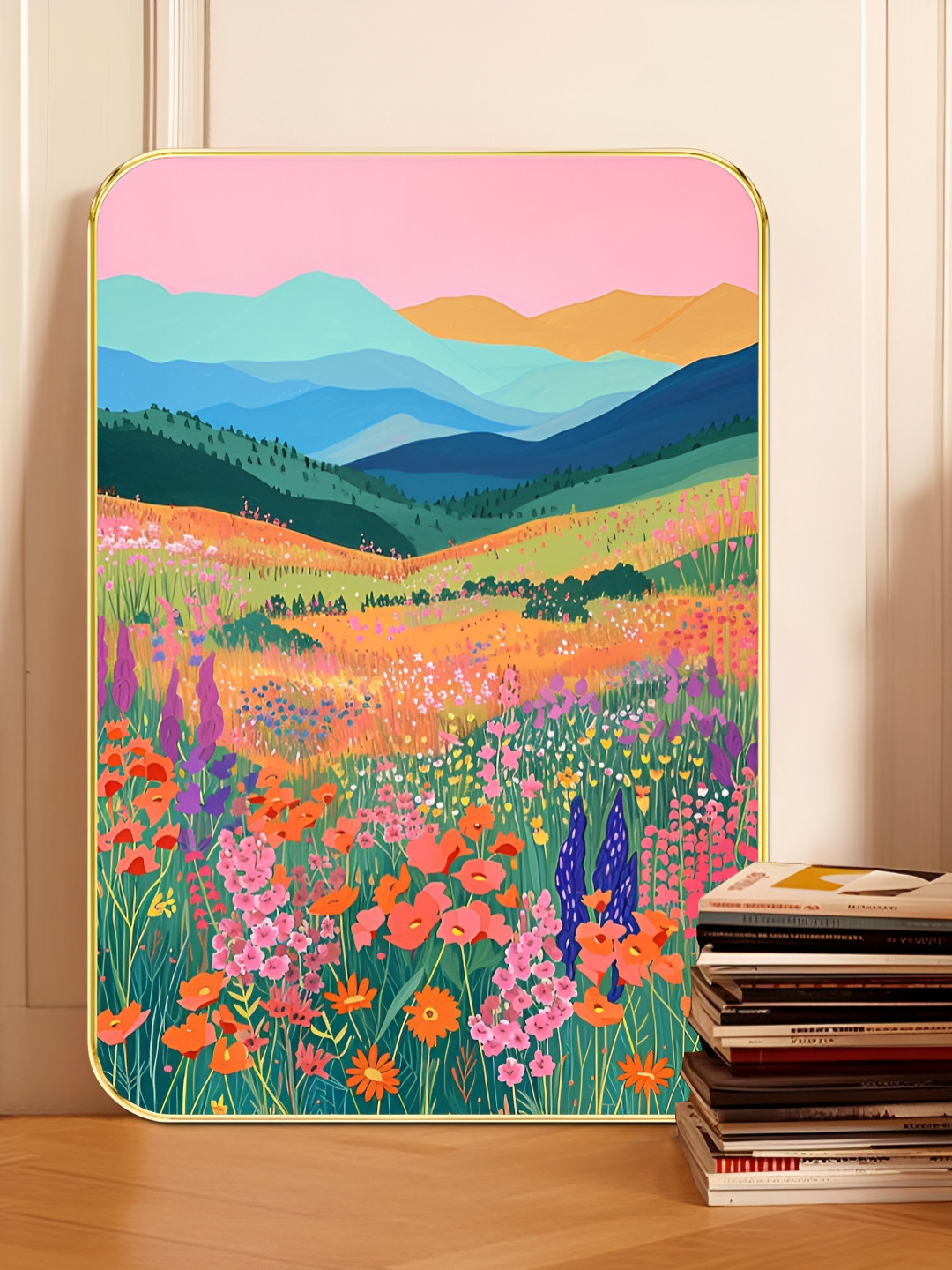 SAF Pink & Blue Floral Meadow Printed Wooden Wall Art
