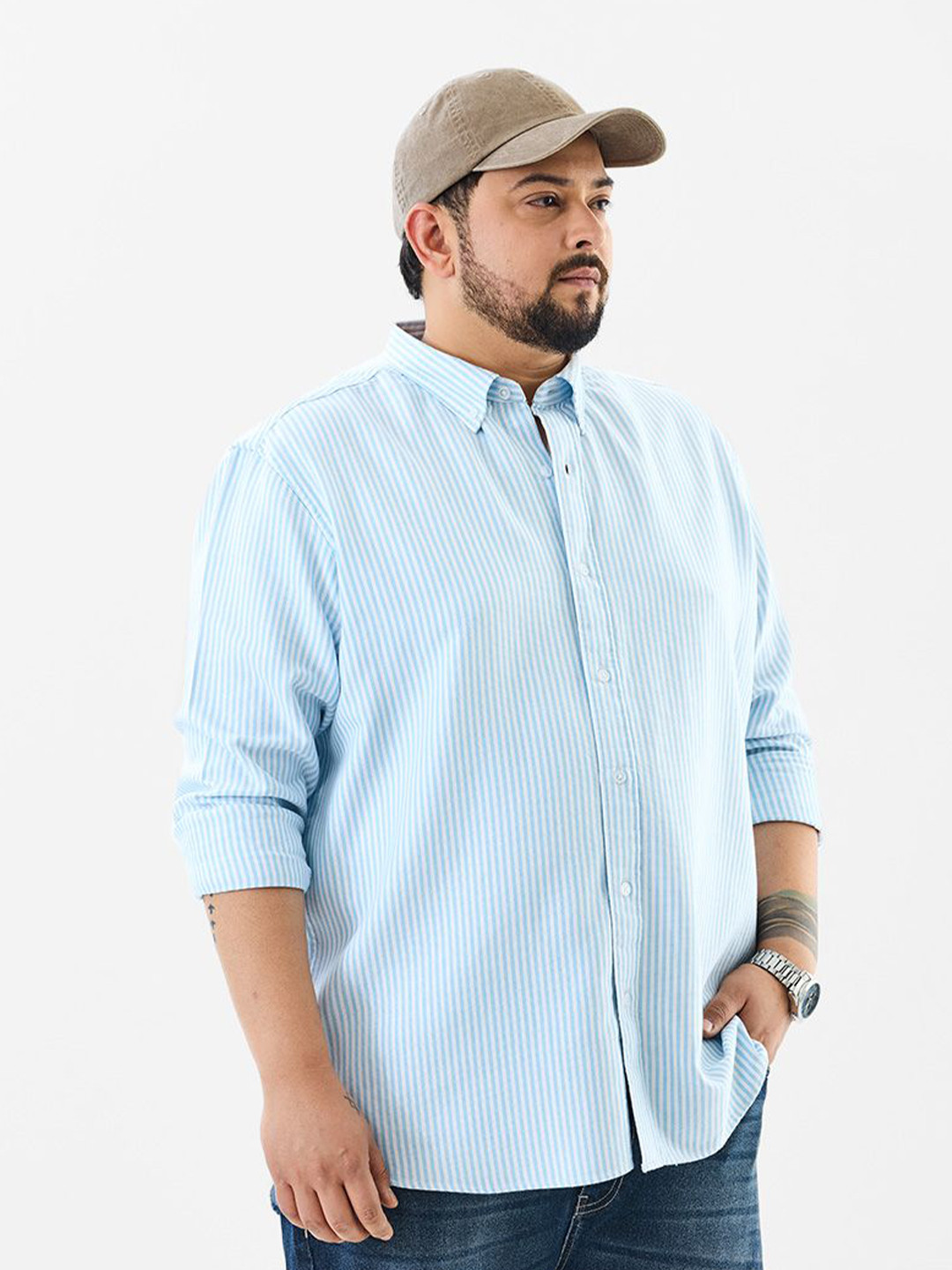 Snitch Men Plus Size Vertical Striped Button-Down Collar Pure Cotton Casual Shirt