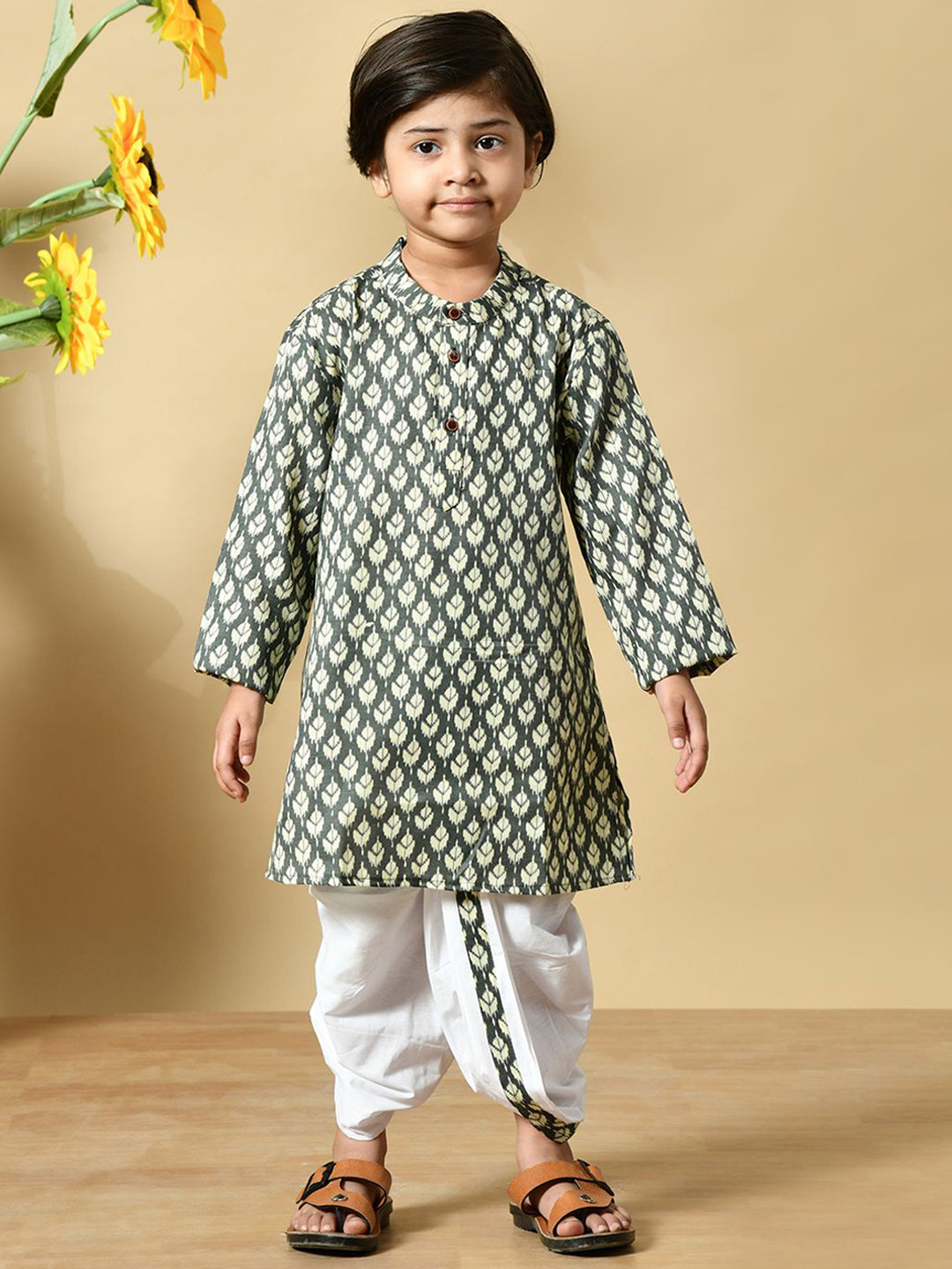 MoMaa Boys Textured Printed Cotton Kurta with Dhoti Pant
