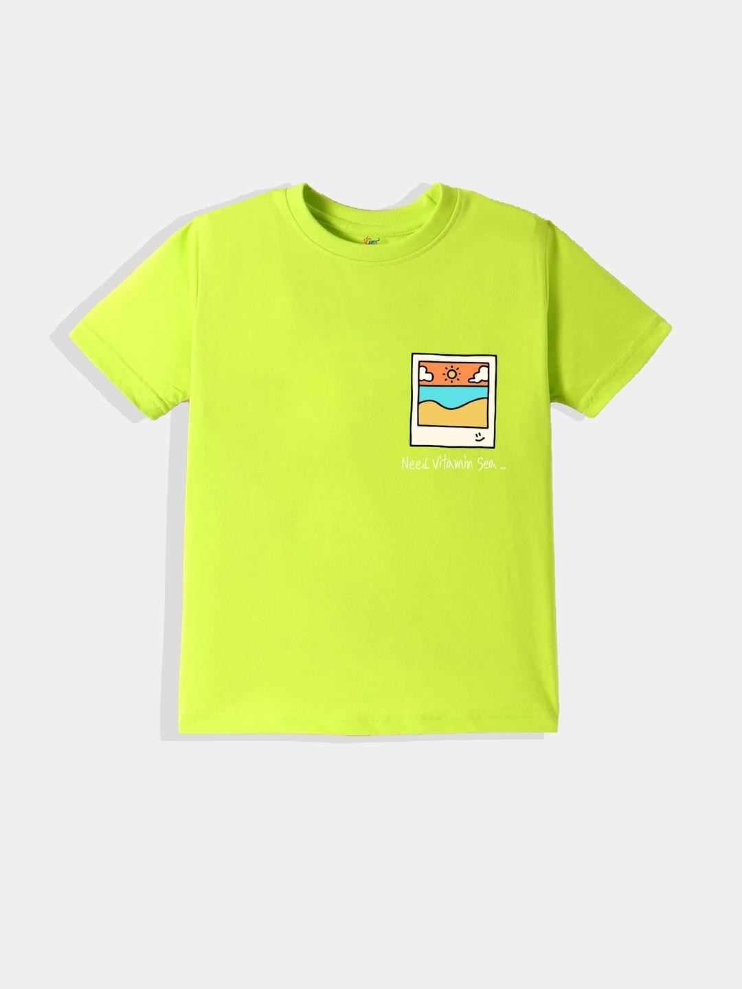 KAVEE Pure Cotton Half Sleeves Need Vitamin Sea Text Printed Bio Washed Tee - Neon Green
