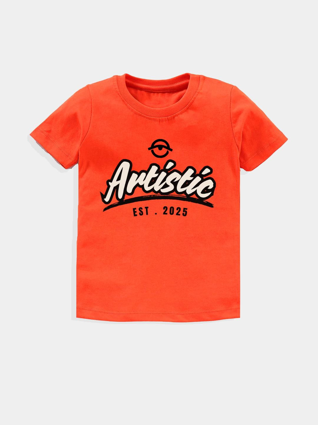 KAVEE Pure Cotton Half Sleeves Artistic Text Printed Bio Washed Tee -Orange