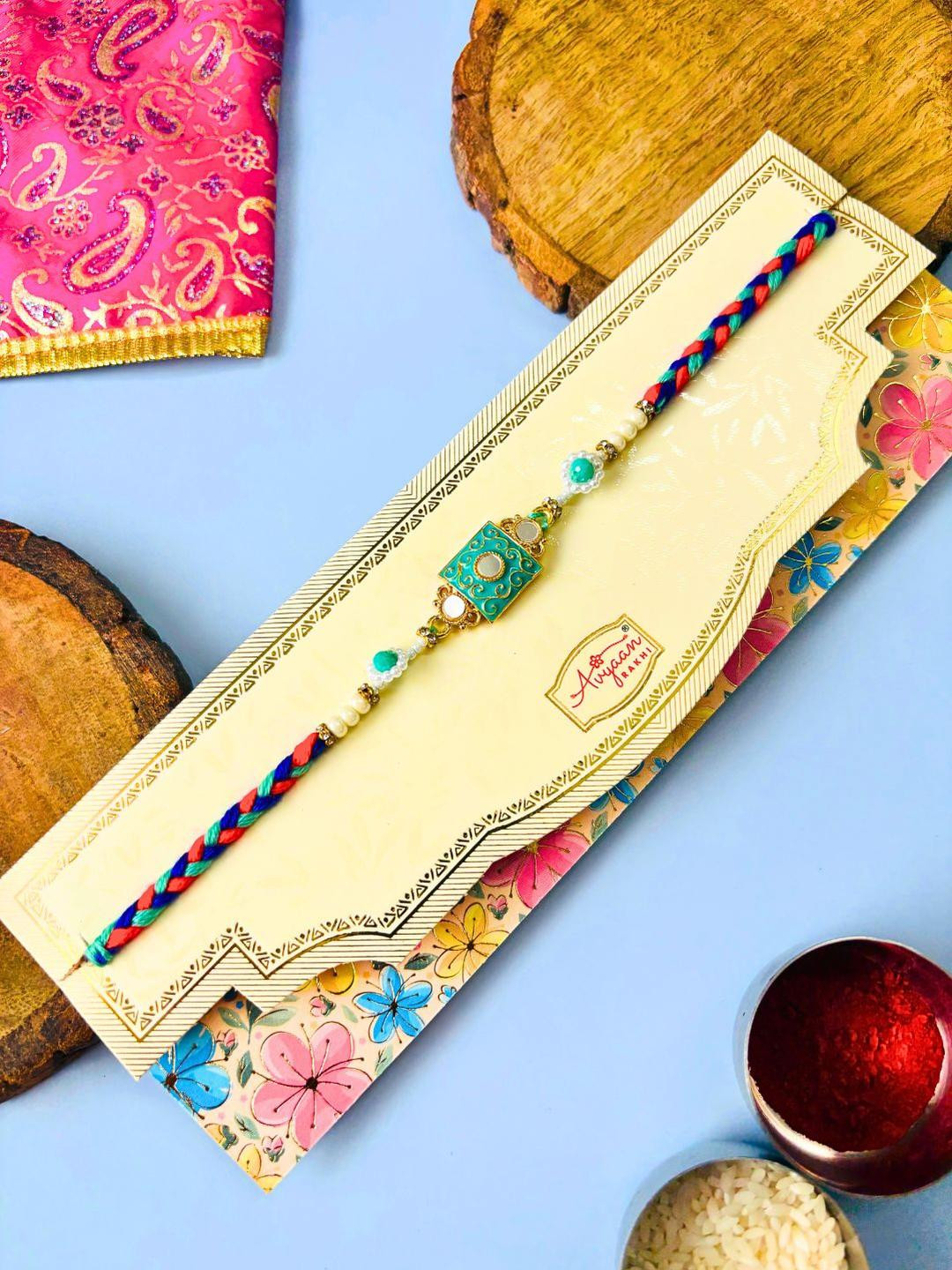 Green Kundan Meenakari Rakhi Stone Studded Beaded Rakhi Traditional Handmade Rakhi for Brother