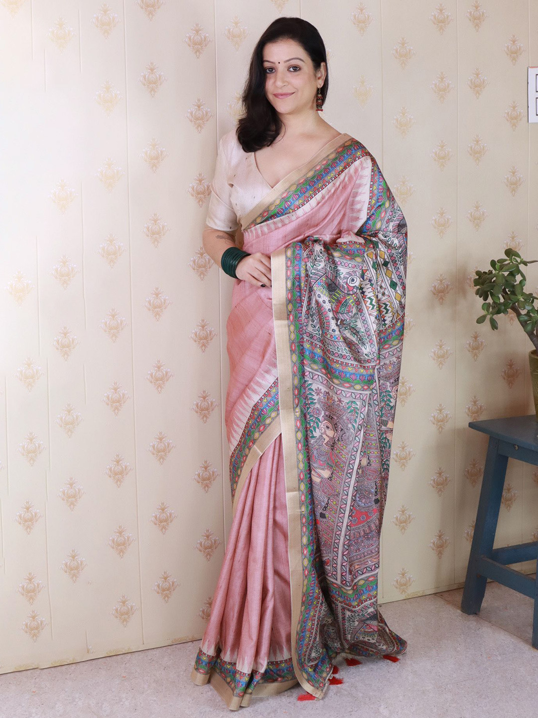 ELITE WEAVES Kalamkari Zari Tussar Saree With Blouse Piece