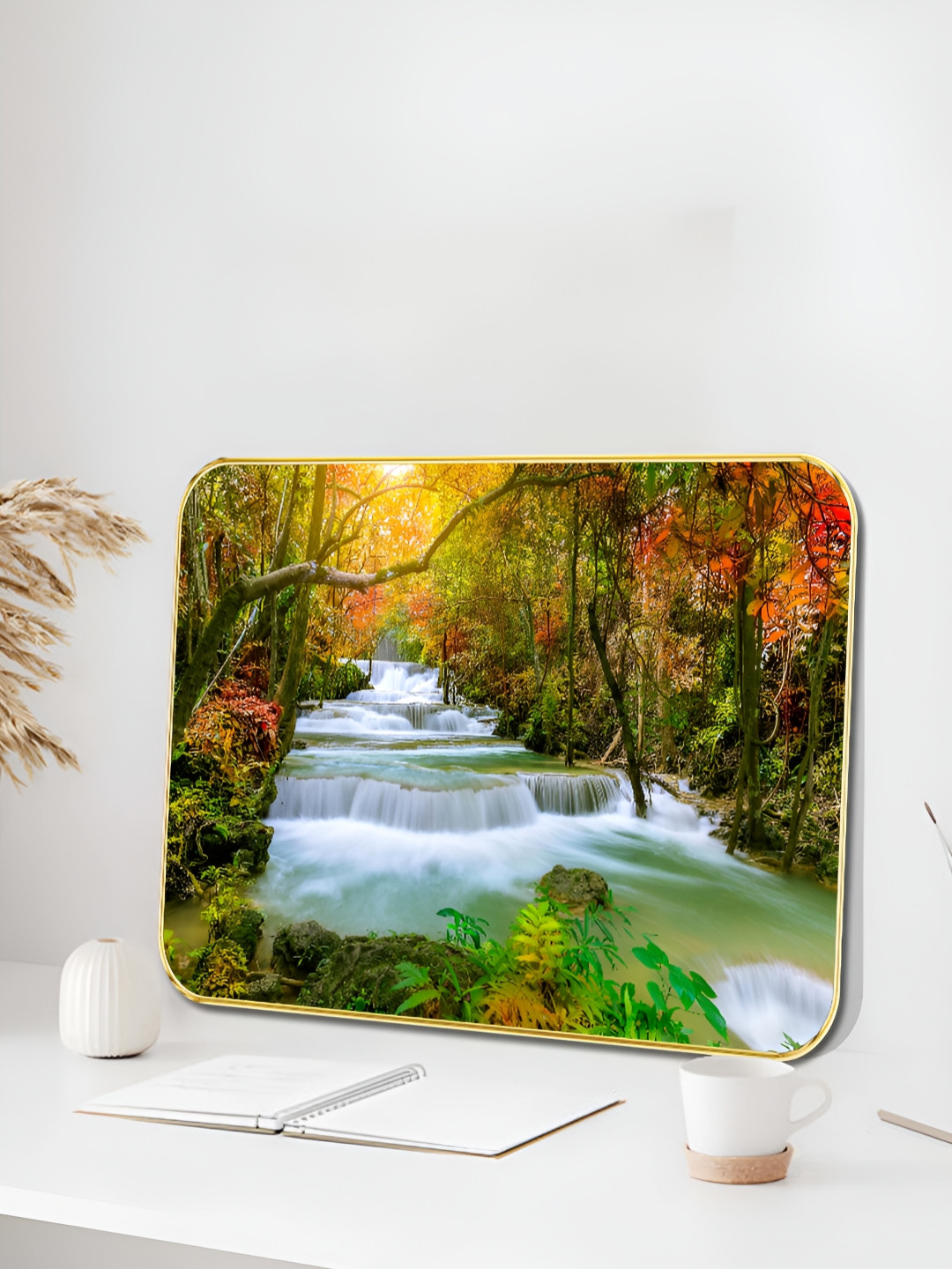 SAF Green & White Waterfall Forest Printed Wall Art