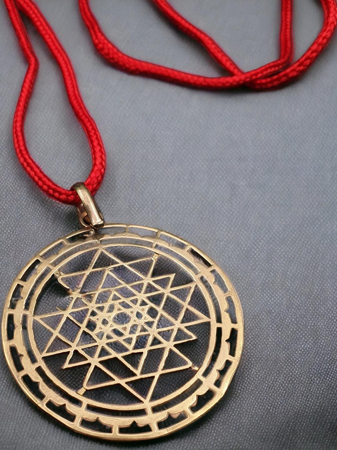 Small Size Shree Yantra Pendant For Men Women,Original Certified Asli Ashtadhatu Golden Shri Yantram Locket For Neck,Designer Spiritual Chakra With Red Necklace
