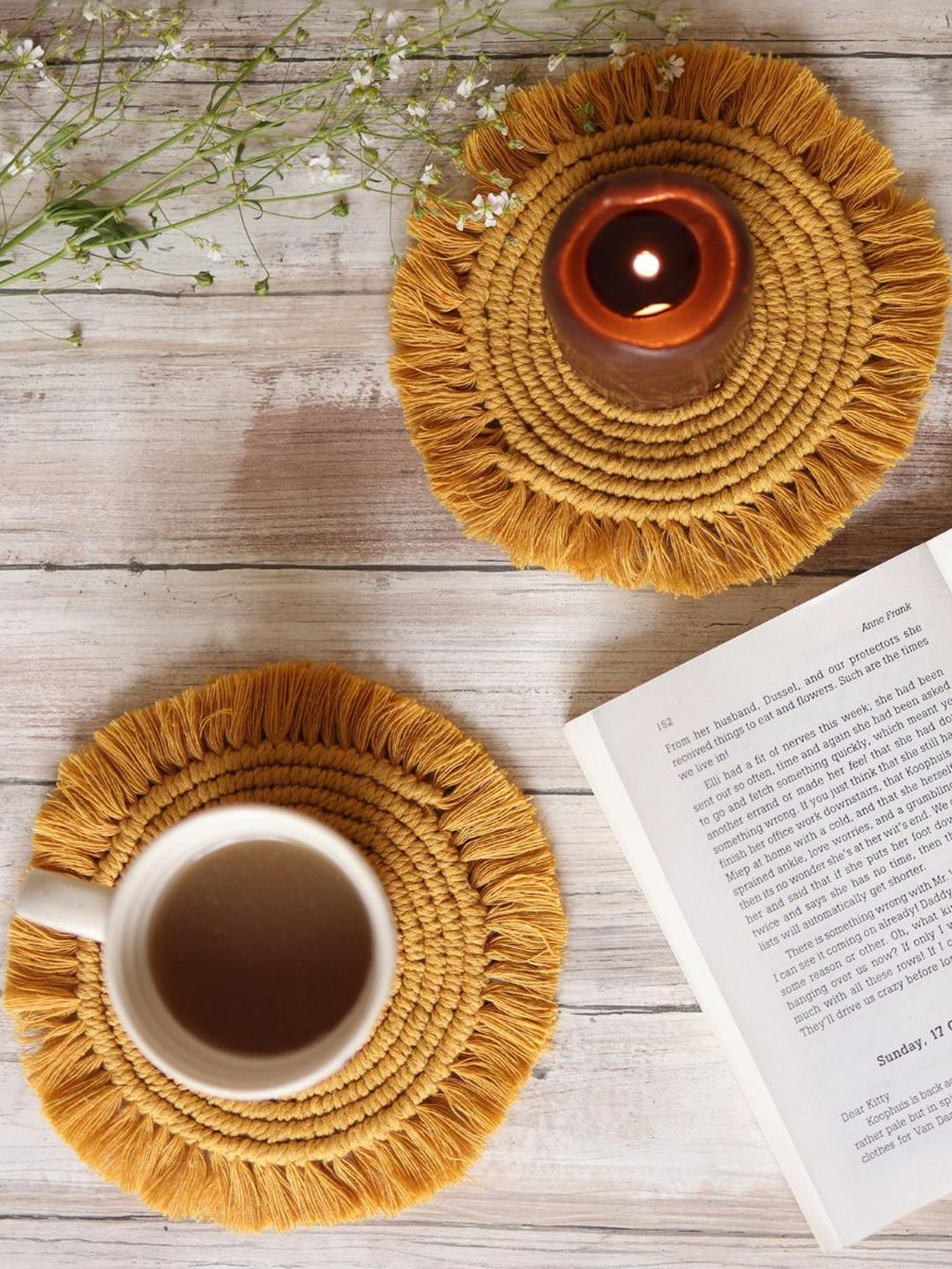 Sarmaya - The Handcraftes Tales Set of 2 Yellow Macrame Table Coasters