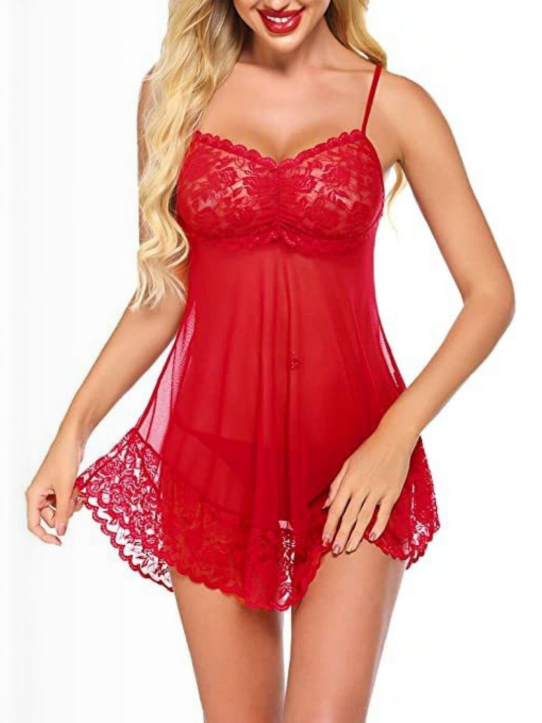 Women Red Net Lace Baby Doll Hot Nighties Honeymoon Dress Newly Married Couples
