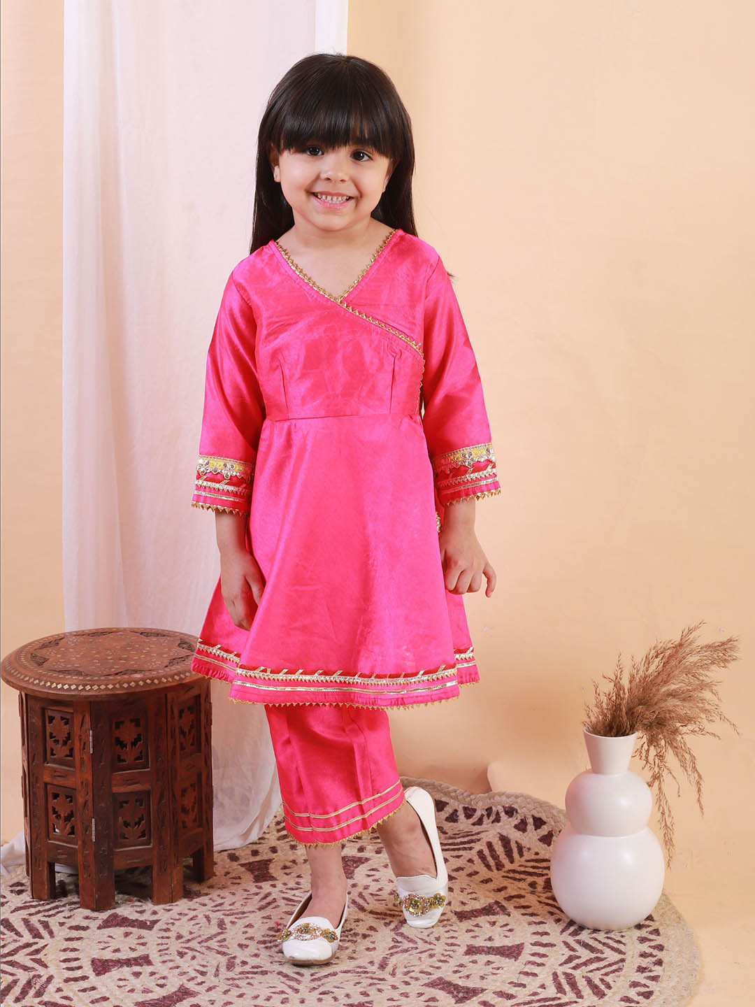 FREE BIRDS Girls Angrakha Gotta Patti Pure Cotton Kurta With Trousers