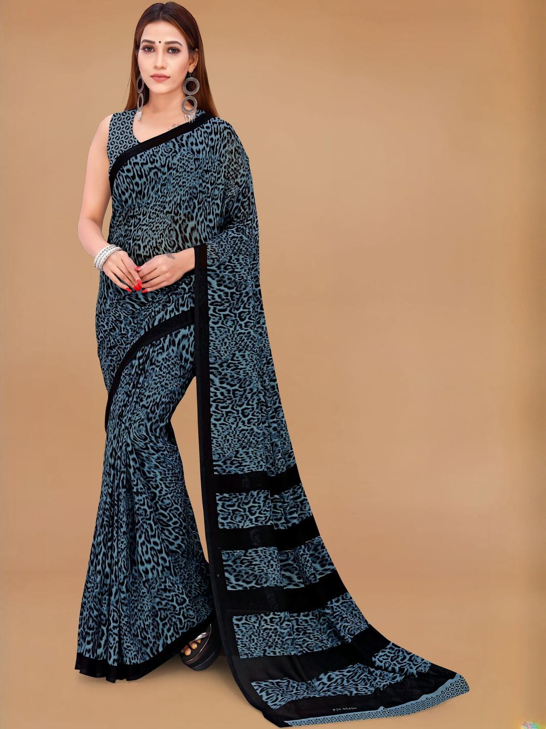 Moda Rapido Blue & Black Pinted Poly Georgette Saree