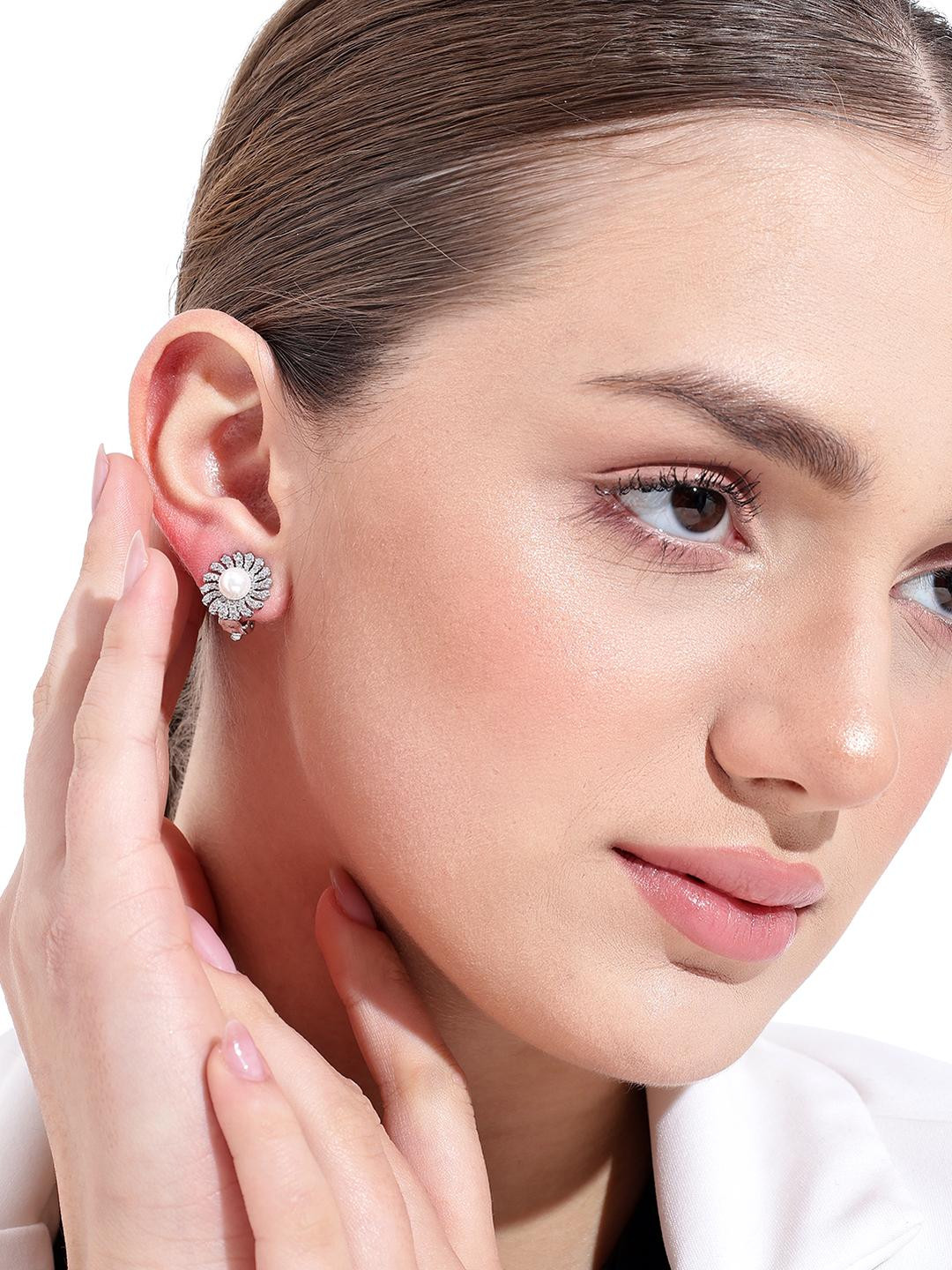 Beenth & Doneth Round Pearl Platinum Plated Stud Earrings
